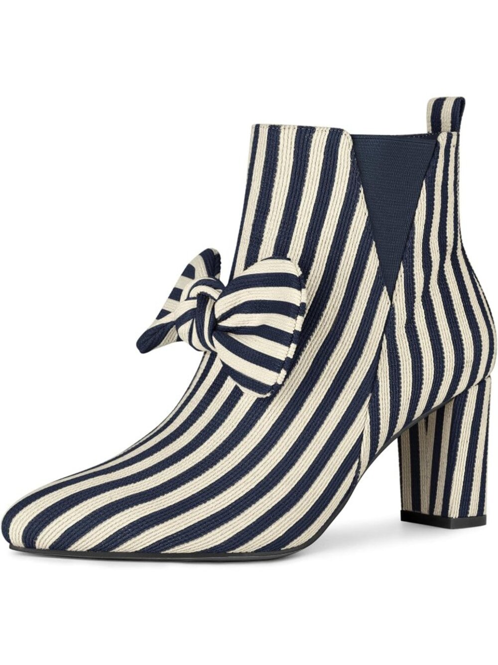 Women's Blue Pointed Toe Side ZIP Striped Pattern Chunky Heels Ankle Boots